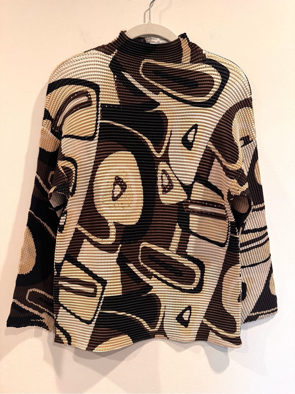 Alberto Makali Abstract Face Print Sequin Textured Mock Neck Top L Brown Cream